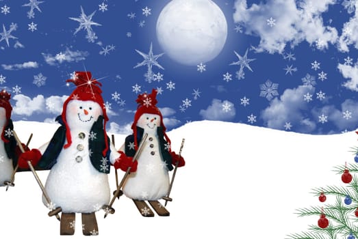 Snowmen skiing down a slope under a full moon.