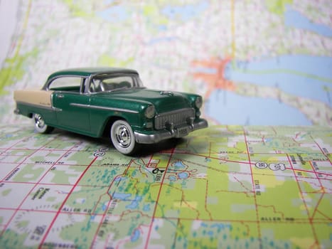 Minaiture 1955 Bel-Air Chevrolet on road map.