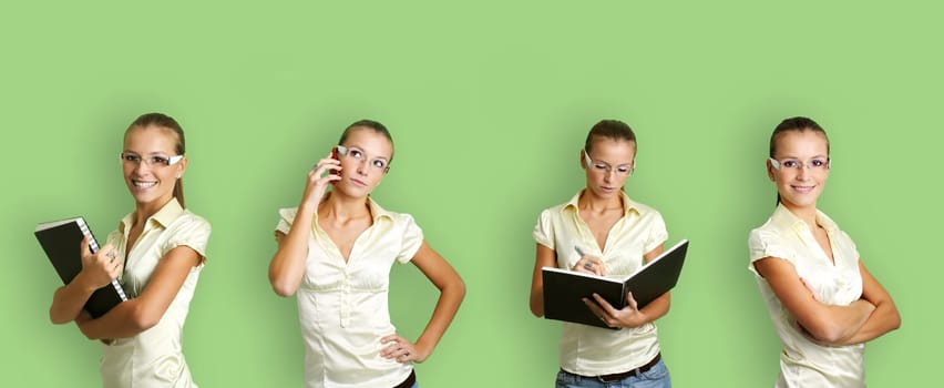 business collage of a young and successful woman in some business situations