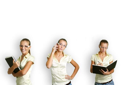 business collage of a young and successful woman in some business situations