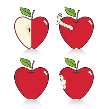 Four heart-shaped apple icons with reflection
