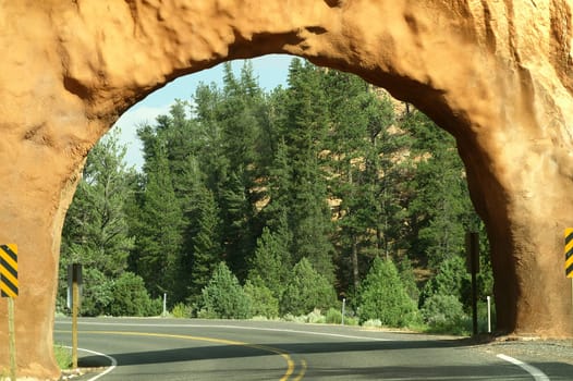 Road leading through stone arch with forest in background