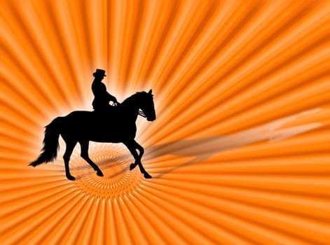Horse and woman silhouette riding on the orange background