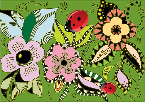 decorative floral pattern with ladybugs