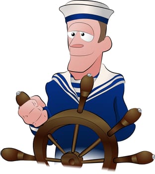 An illustration of a handsome strong jawed sailor at the ships wheel