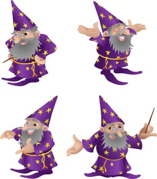 An illustration of a very funky friendly wizard in four different poses