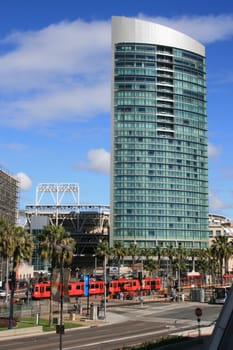 A view of San Diego's Gaslamp section including Petco Park, Harbor Drive and the trolley.