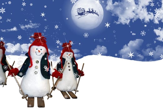 Snowmen skiing under the winter moon as Santa flies through the sky.