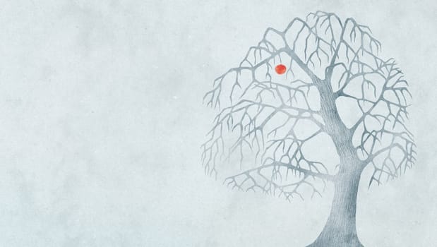 old leafless apple tree holding on to one apple, horixontal format, copyspace, aged, alone, autumn, winter, cold, naked, stylyzed, illustration, simple, basic, blue, branches, change, clouds, cold, fall, nature, old, organic, seasonal, seasons, single, sky, solitude, time, twig, weather, wood, year, loss, cherish