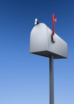 a closed metal mailbox with raised flag