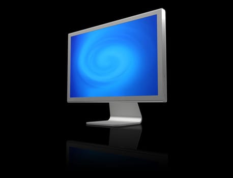 futuristic silver monitor on black with reflection displaying blue abstract twirl of light