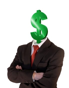 business man with green dollar symbol instead of head isolated on white