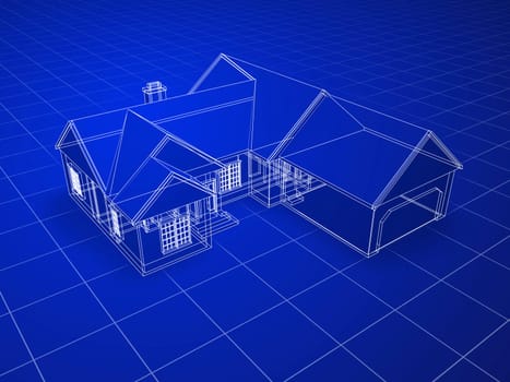 Blueprint style 3D rendered house. White lines on blue background.