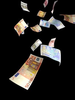 money raining from the sky. it's several euro bills isolated on black