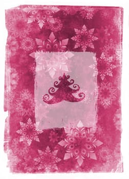 Vintage christmas tree card with  grunge border and snowflakes