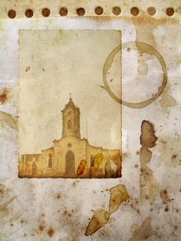 Blank Vintage paper parchment in sepia with stone church