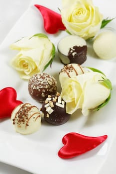 Delicious chocolate pralines with rose on white plate