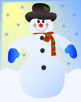 A happy snowman stands in a sun snow day