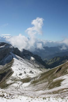 A view of the Swiss Alps from the top of Mount Pilauts.