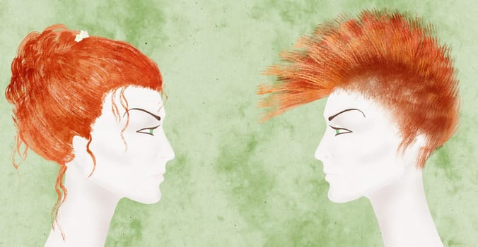 spot the difference, adult, attractive, beautiful, charming, double, eyes, faces, feminine,  lips, naughty, party, playful, sexy, siblings, sisters, twins, young, alternative, mohawk, hair, style, sameness, conforming, beautiful androgynous, mannequin, nonconforming