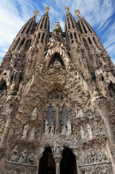 Looking up at the unfinished church of Sagrada Familia in Barcelona Spain.