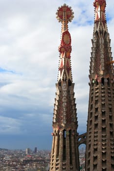 The spires from the church of Sagrada Familia in Barcelona Spain.