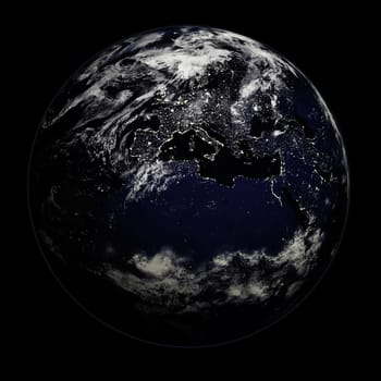 3D render of planet Earth - night side with city lights - Europe, Asia and Africa     (original maps from NASA - http://visibleearth.nasa.gov)