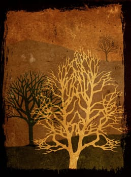 Mixed media illustration of trees over grunge toned background