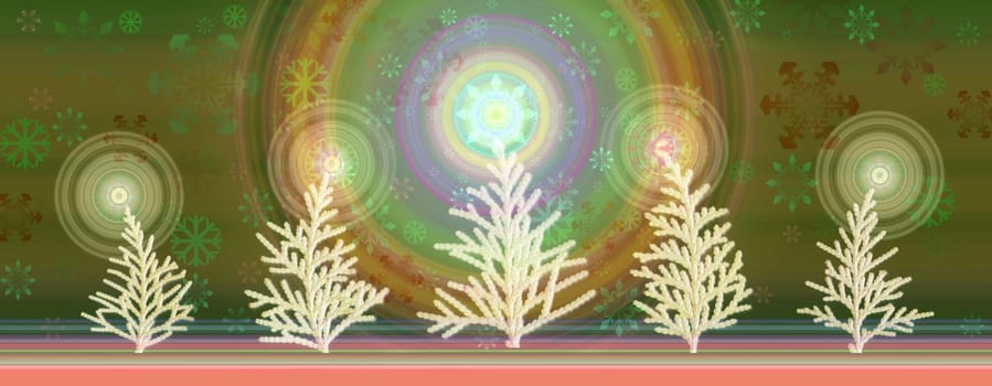 Mixed media illustration of 5 christmas trees in green background with snowflakes