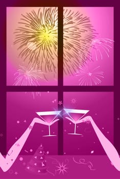 Illustration of two people having a glass of wine with fireworks on the sky.