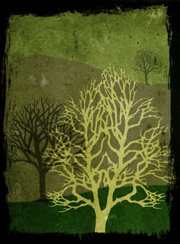 Mixed media illustration of trees over grunge toned background