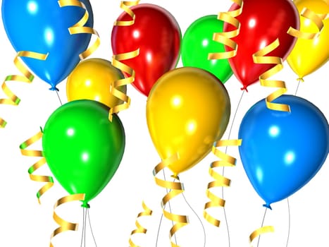 3d rendered illustration of coloeful balloons with golden ribbons