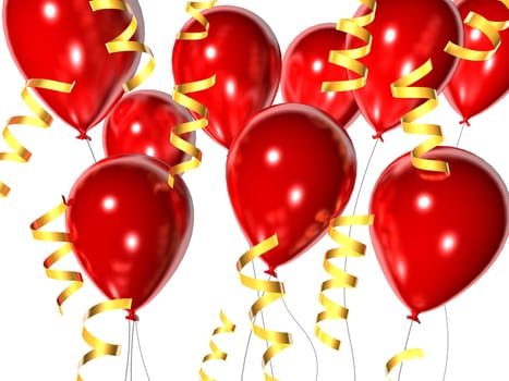 3d rendered illustration of coloeful balloons with golden ribbons