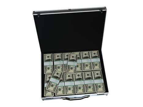 3d rendered illustration of a black briefcase with many dollar notes