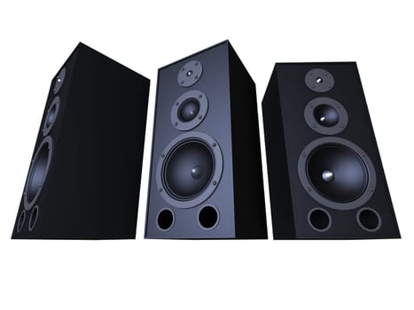3d rendered illustration of three big black speakers