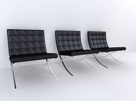 3d rendered illustration of three black leather chairs