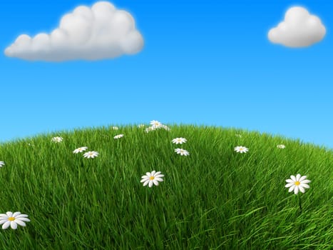 3d rendered illustration of a green hill with flowers