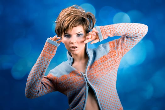 winter girl in the blue jumper