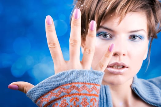 winter girl in the blue jumper