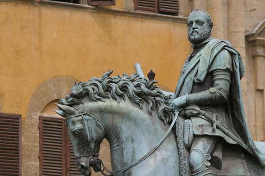 Equestrian Statue of Cosimo I by Giambologna, in Florence, Italy, Europe with a pigeon perched on top