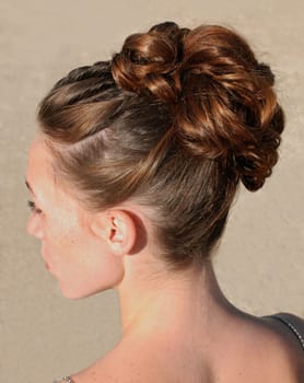 young woman and her beautiful hairstyle for ceremony beauty, style, fashion, salon, woman, hairdresser, curls, haircut, comb, styled, cosmetic, curl, curlers, girl, curled, rolled, female, long, hair-do, to, hair, teen, teenager, beauty, beautiful, brunette, brown, wedding, ceremony, marriage, love, couple, romance, happy,  bride, happiness, dress, wife, family, young, just, person, joy