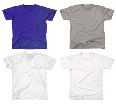Photograph of four blank t-shirts, new and old, wrinkled and flat.  Clipping path included.  Ready for your design or logo.
