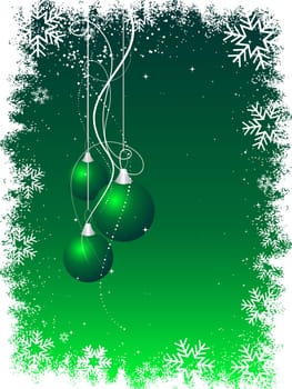 Christmas baubles on grunge snowflake border