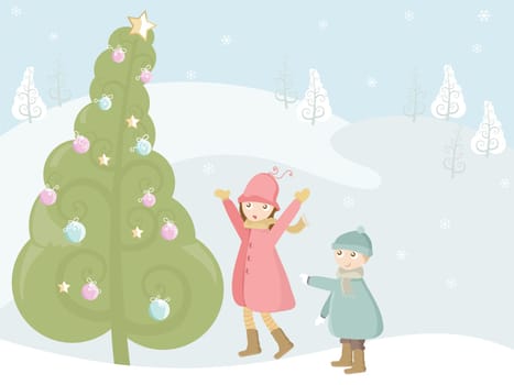 kids under big christmas tree
