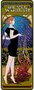A sensual devil woman in the style of Mucha.