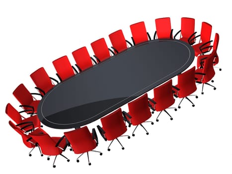 3d rendered illustration of a conference table with red chairs