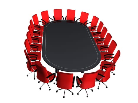 3d rendered illustration of a conference table with red chairs