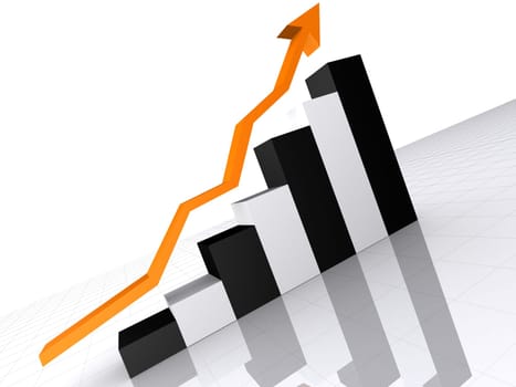3d rendered illustration of a rising black and white statistic with an orange arrow