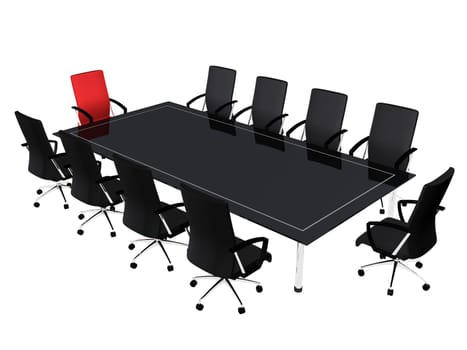 3d rendered illustration of a coference table with black and red chairs