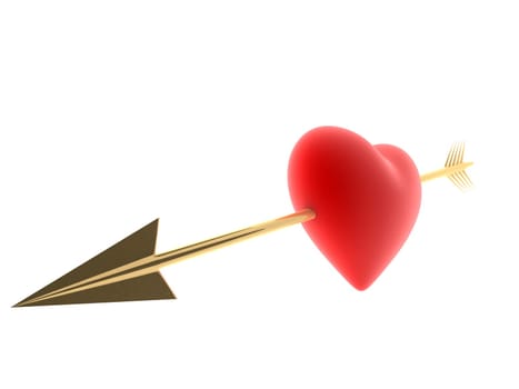 3d rendered illustration of a red heart hit by a golden arrow